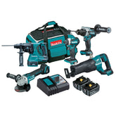 Makita Tools - 5 Piece Brushless Combo Kit - DHP486Z DTD154Z DGA504Z DJR187Z DHR242Z 2 x BL1850B DC18RC & Bag (199936-9) | DLX5063TX1