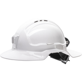White Broadbrim Hard Hat with Plastic Miners Bracket / Leather Rear Lead Strap - Made in Australia | HBB57RH-PLV-WH
