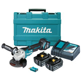 Makita - 18V Brushless AWS 125mm Variable Speed Paddle Switch Brake Angle Grinder Kit - Includes 2 x 5.0Ah Batteries Rapid Charger & Carry Case | DGA518RTEU