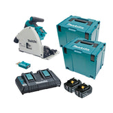 Makita - 18V x 2 Brushless AWS 165mm Plunge Saw Kit - Includes 2 x 5.0Ah Batteries Dual Port Rapid Charger & 2 x Makpac Case | DSP601PT2JU