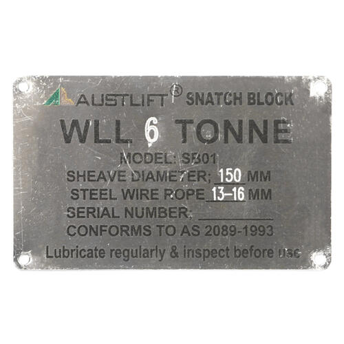 Austlift - Data Plate for Snatch Block 10T | 003666SP