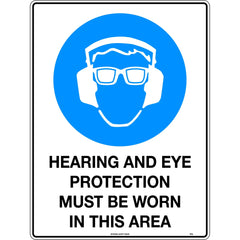Uniform Safety Signs - 600x400mm - Metal - Class 2 - Reflective - Hearing And Eye Protection Must Be Worn In This Area | 101C2