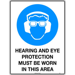 Uniform Safety Signs - 600x400mm - Metal - Class 1 Reflective - Hearing And Eye Protection Must Be Worn In This Area | 101C1