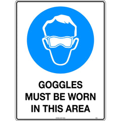 Uniform Safety Signs - 50mm Disc - Self Adhesive - Pkt of 12 - Goggles Pictogram | 104RA