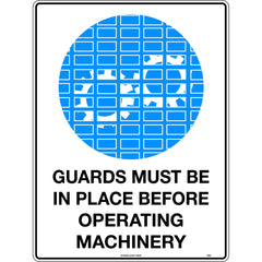 Uniform Safety Signs - 600x400mm - Metal - Guards Must be in Place Before Operating Machinery | 120LM