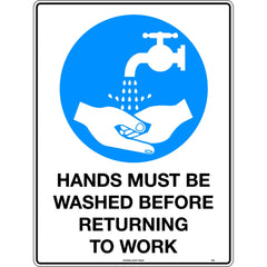 Uniform Safety Signs - 140x120mm - Self Adhesive - Pkt of 4 - Hands Must be Washed Before Returning to Work | 121SA