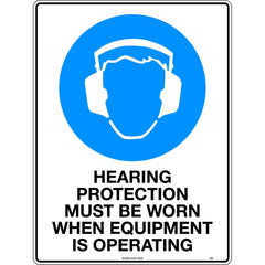 Uniform Safety Signs - 240x180mm - Self Adhesive - Hearing Protection Must be When when Equipment is Operating | 122DA