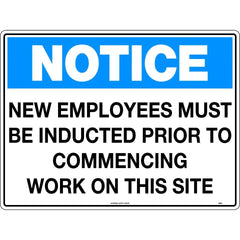 Uniform Safety Signs - 600x400mm - Corflute - Notice New Employees Must be Inducted Prior to Commencing Work on This Site | 130LC