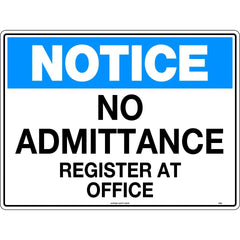 Uniform Safety Signs - 600x400mm - Corflute - Notice No Admittance Register At Office | 142LC
