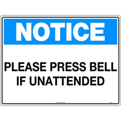 Uniform Safety Signs - 600x400mm - Corflute - Notice Please Press Bell If Unattended | 144LC