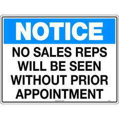 Uniform Safety Signs - 600 x 400mm - Poly - Notice No Sales Reps Will Be Seen Without Prior Appointment | 146LP