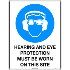 Uniform Safety Signs - 600x400mm - Metal - Hearing & Eye Protection Must Be Worn On This Site | 174LM
