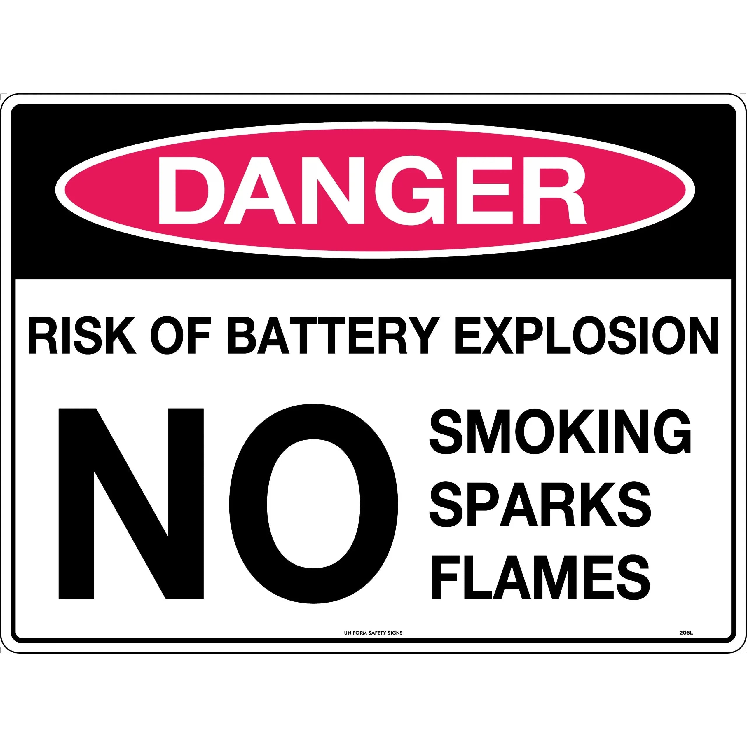 Uniform Safety Signs - 600x400mm - Poly - Danger Risk of Battery Explosion No Smoking Sparks Flames | 205LP