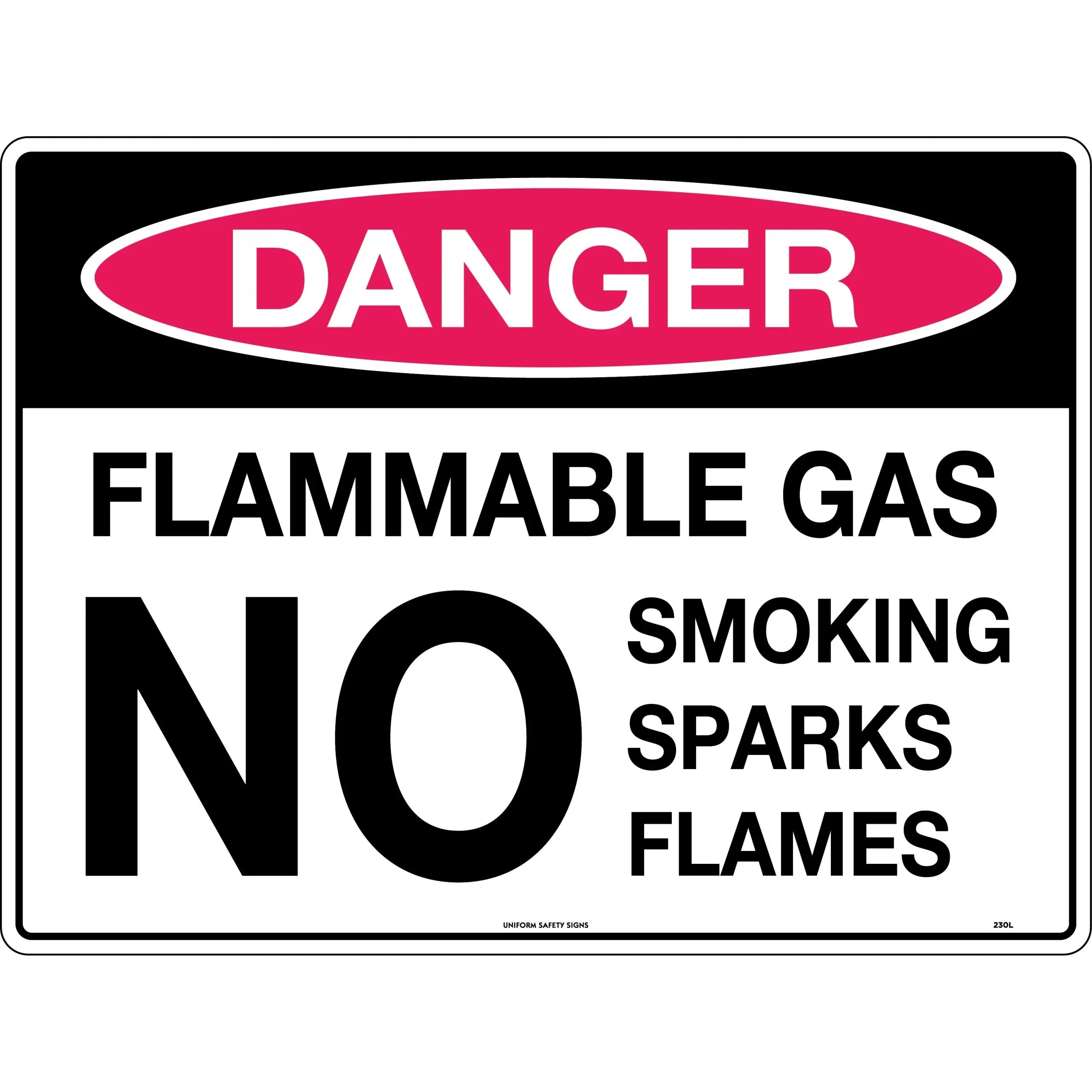 Uniform Safety Signs - 600x400mm - Poly - Danger Flammable Gas No Smoking Sparks Flames | 230LP