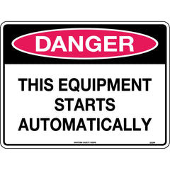 Uniform Safety Signs - 140x120mm - Self Adhesive - Pkt of 4 - Danger This Equipment Starts Automatically | 232SA