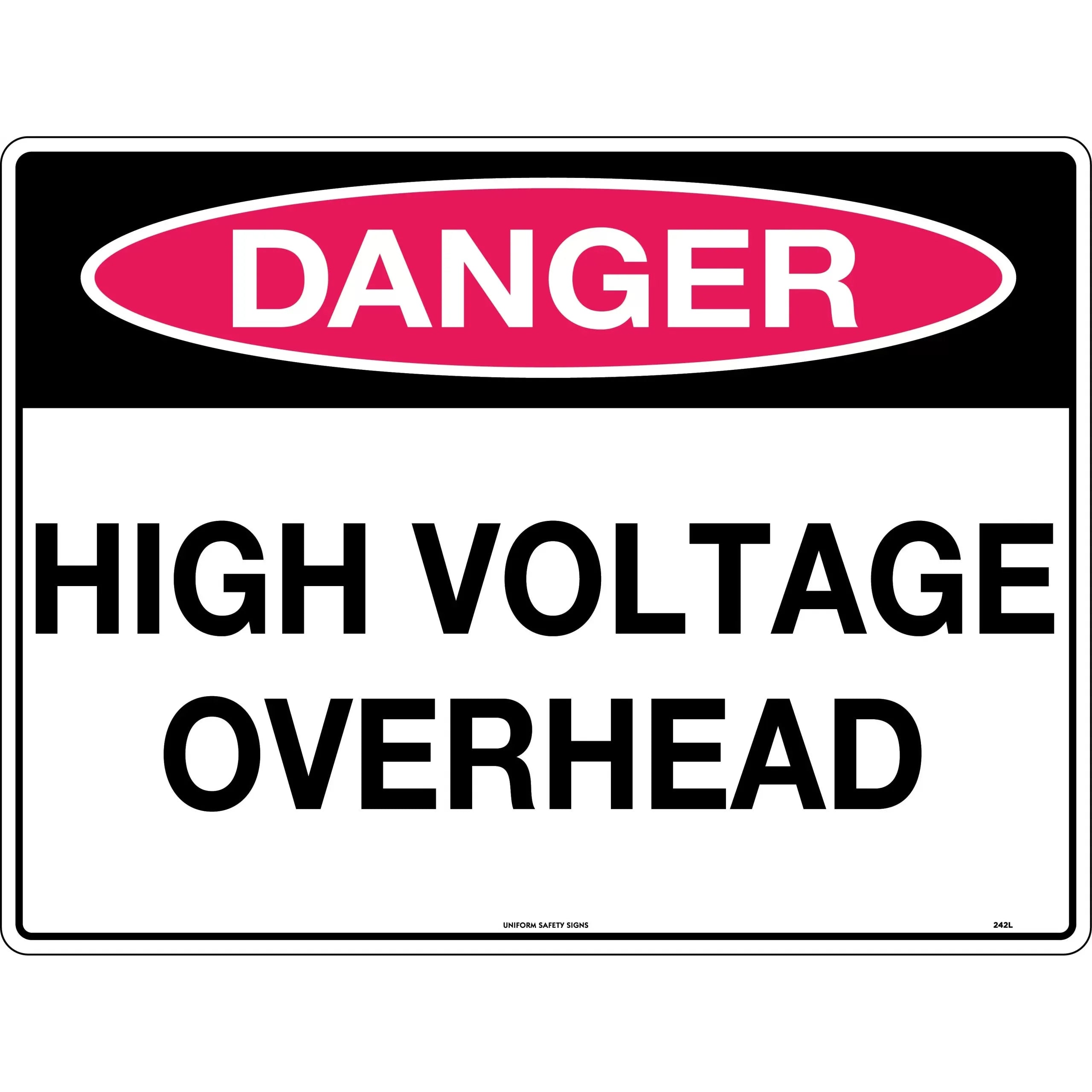 Uniform Safety Signs - 240x180mm - Self Adhesive - Danger High Voltage Overhead | 242DA