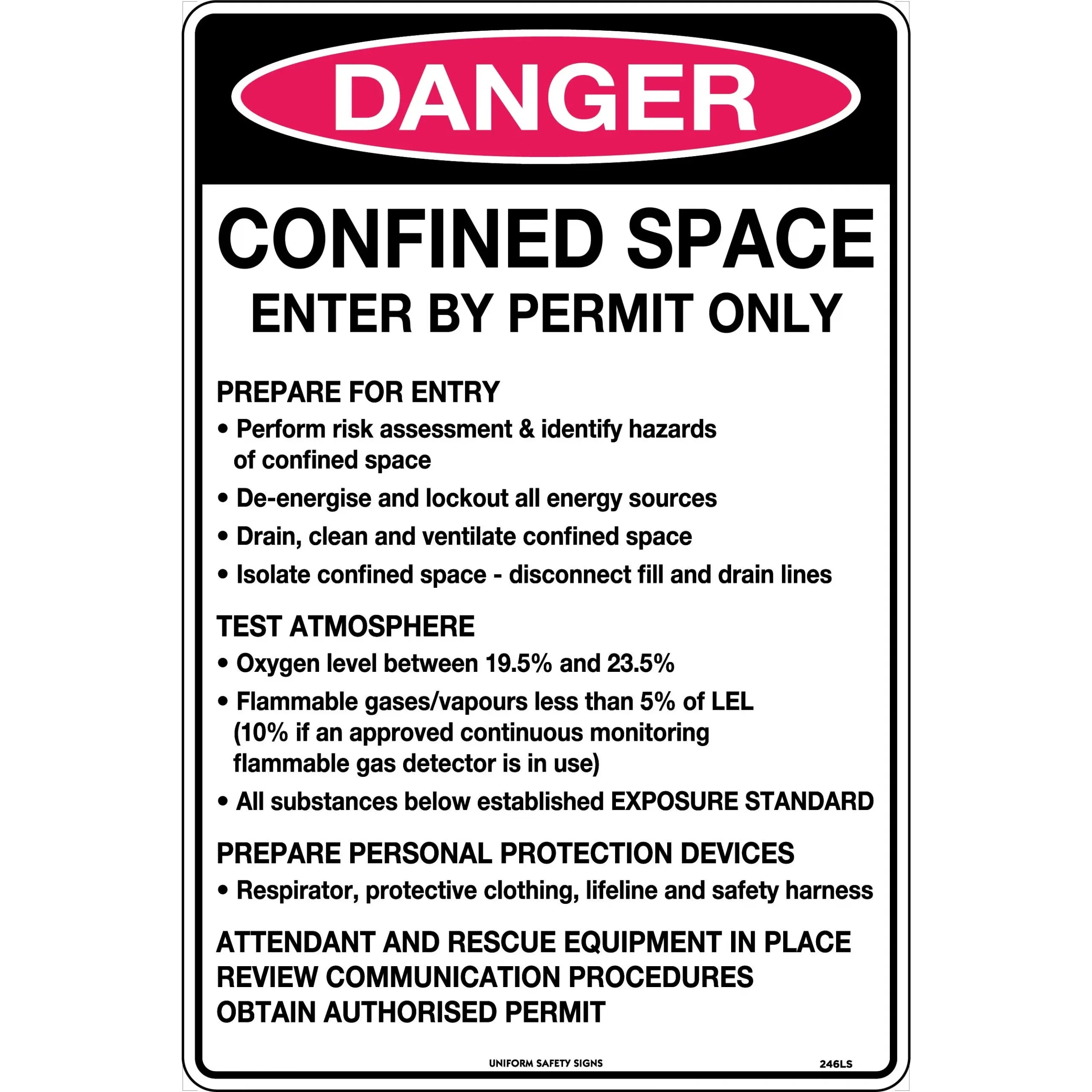 Uniform Safety Signs - 450x300mm - Poly - Danger Confined Space Enter by Permit Only Prepare for Entry etc. | 246LSP