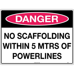 Uniform Safety Signs - 600x400mm - Metal - Danger No Scaffolding Within 5mtrs of Powerlines | 264LM