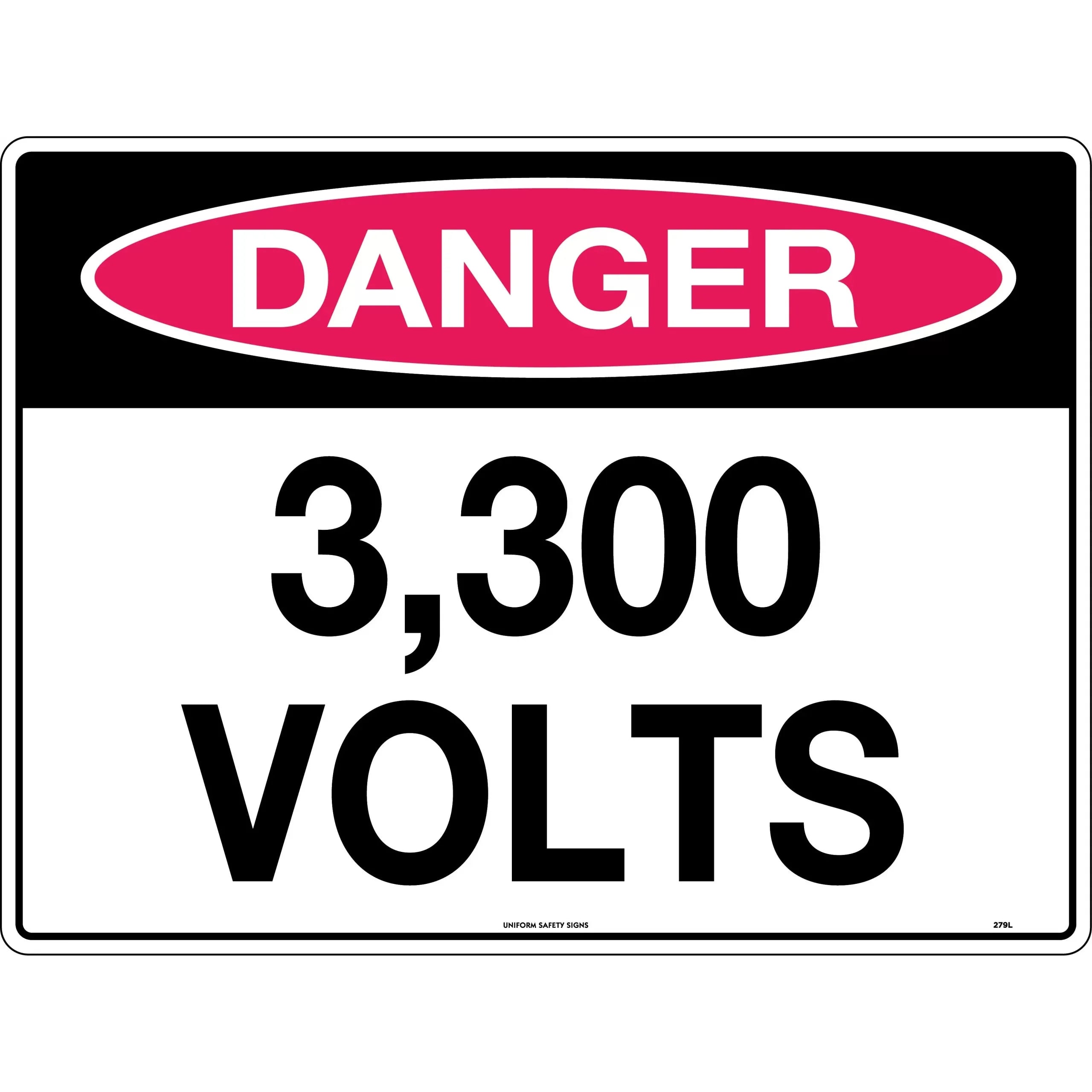 Uniform Safety Signs - 600x400mm - Metal - Danger 3,300 Volts | 279LM