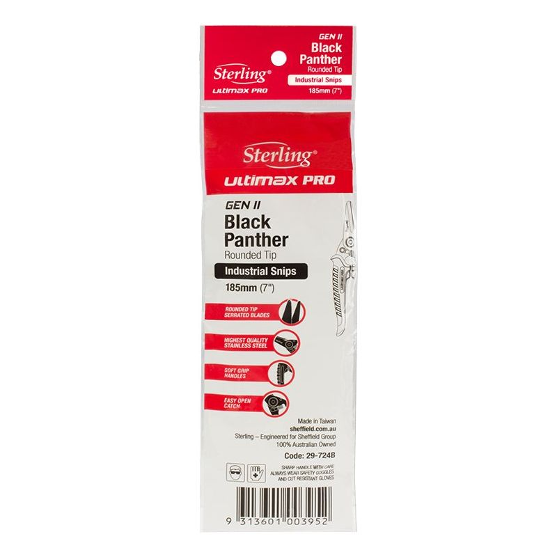 STERLING 185mm Ultimax Pro Black Panther Gen II: Round Tip Industrial Snips Bulk OPP Bag | 29-724B