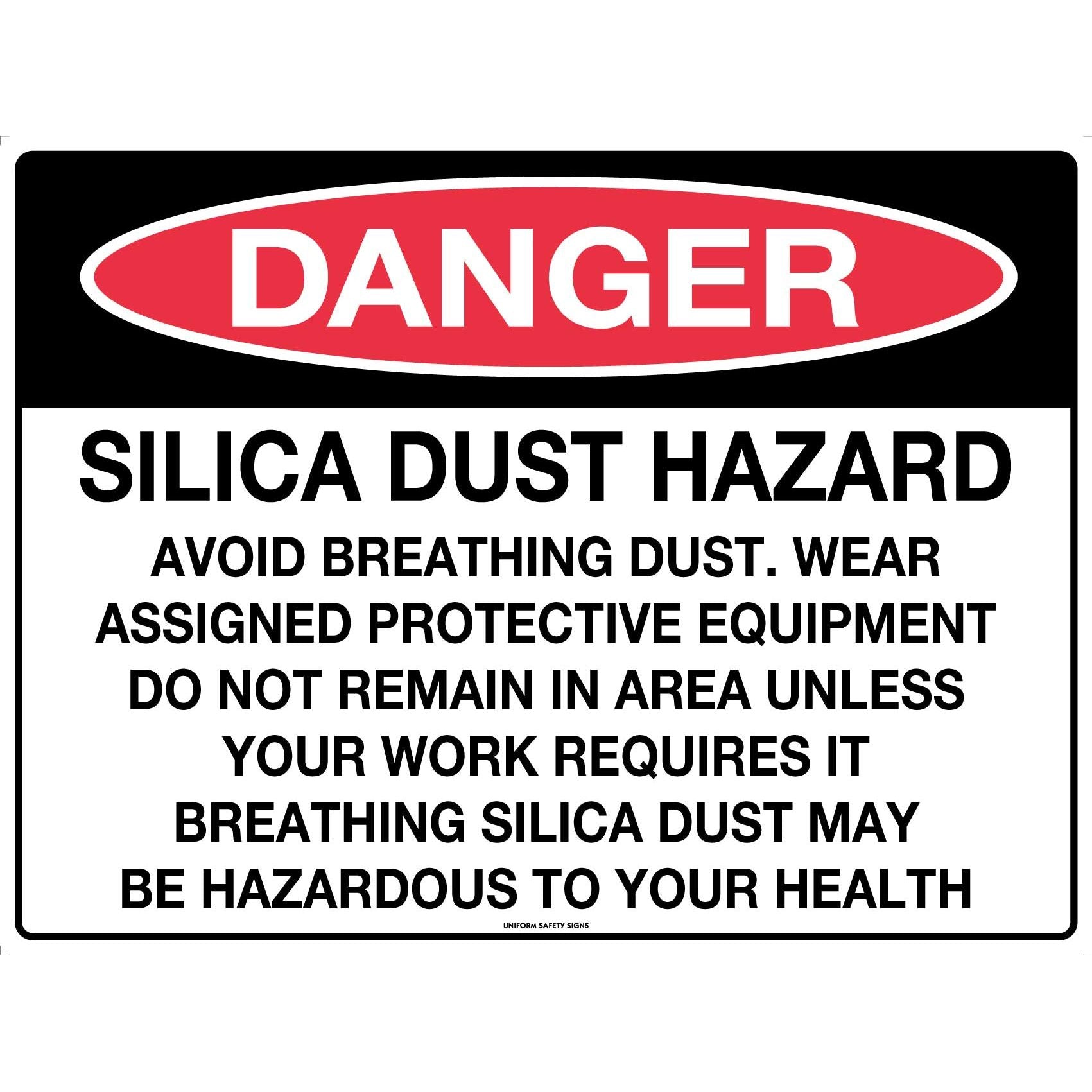 Uniform Safety Signs - 600x400mm - Metal - Danger Silica Dust Hazard Avoid Breathing etc | 2941LM