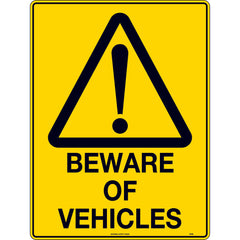 Uniform Safety Signs - 240x180mm - Self Adhesive - Blk/Ylw - Beware of Vehicles | 309DA