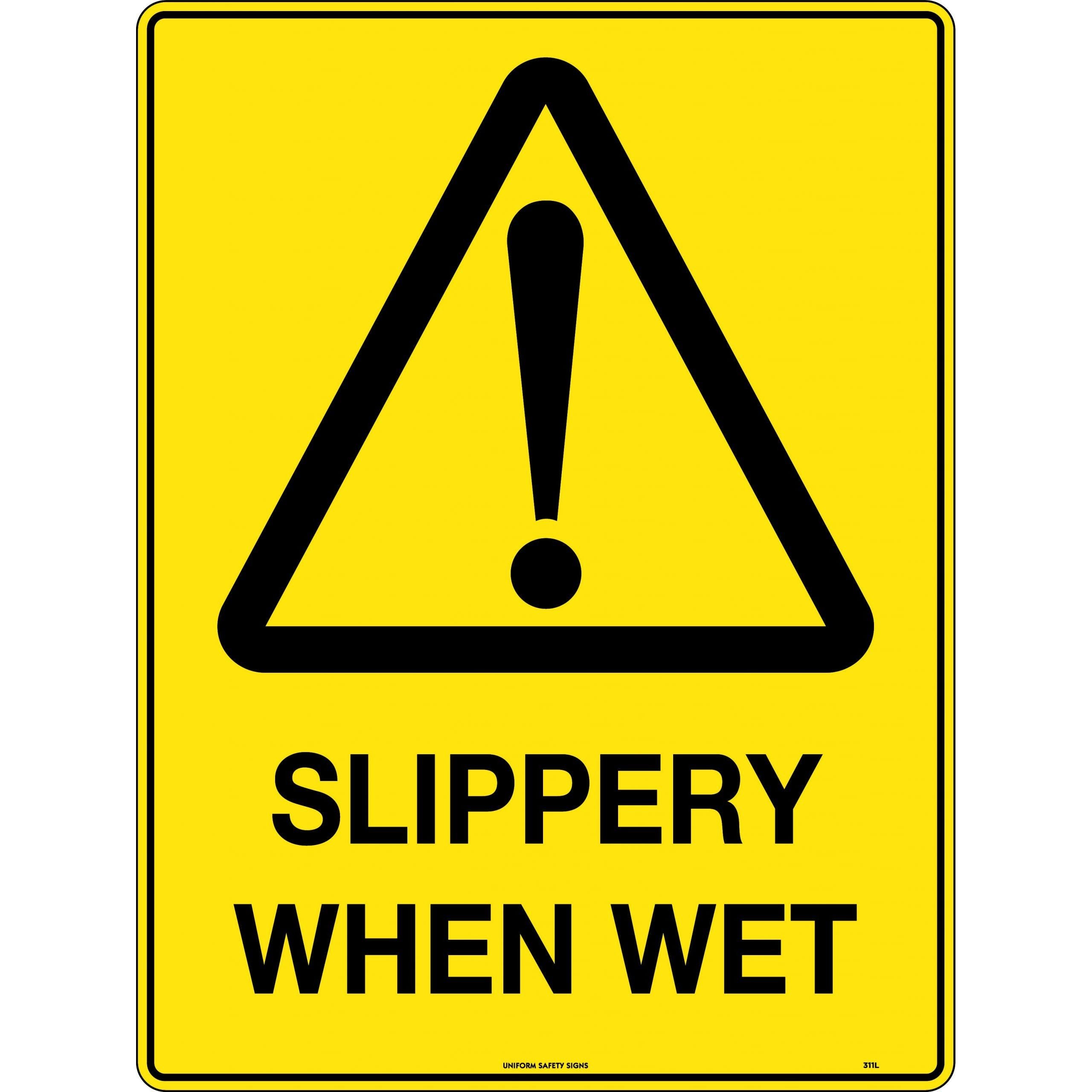 Uniform Safety Signs - 240x180mm - Self Adhesive - Blk/Ylw - Slippery When Wet | 311DA