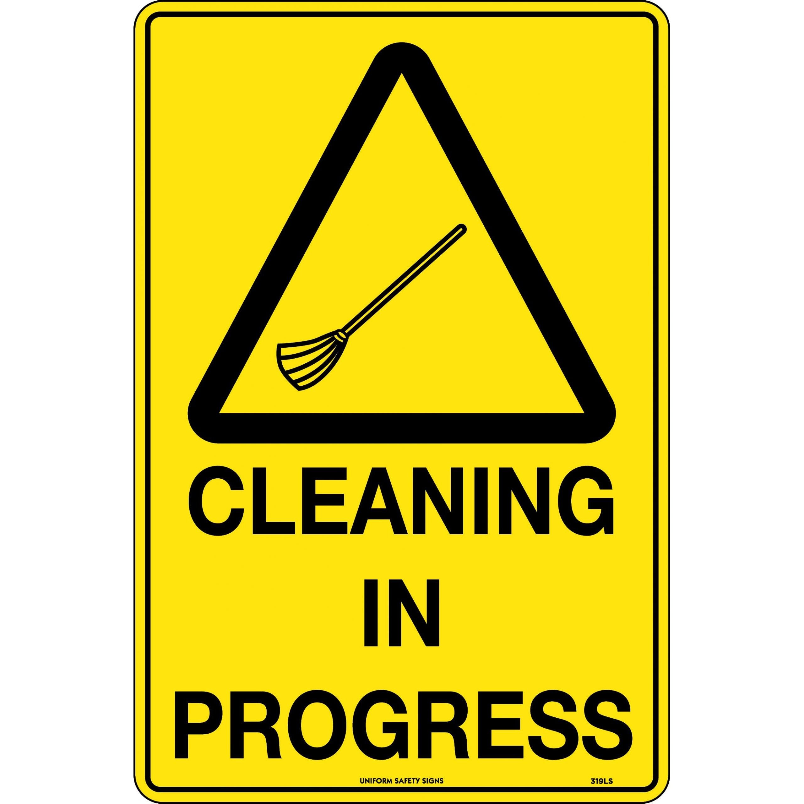 Uniform Safety Signs - 240x180mm - Self Adhesive - Blk/Ylw - Cleaning in Progress | 319DA