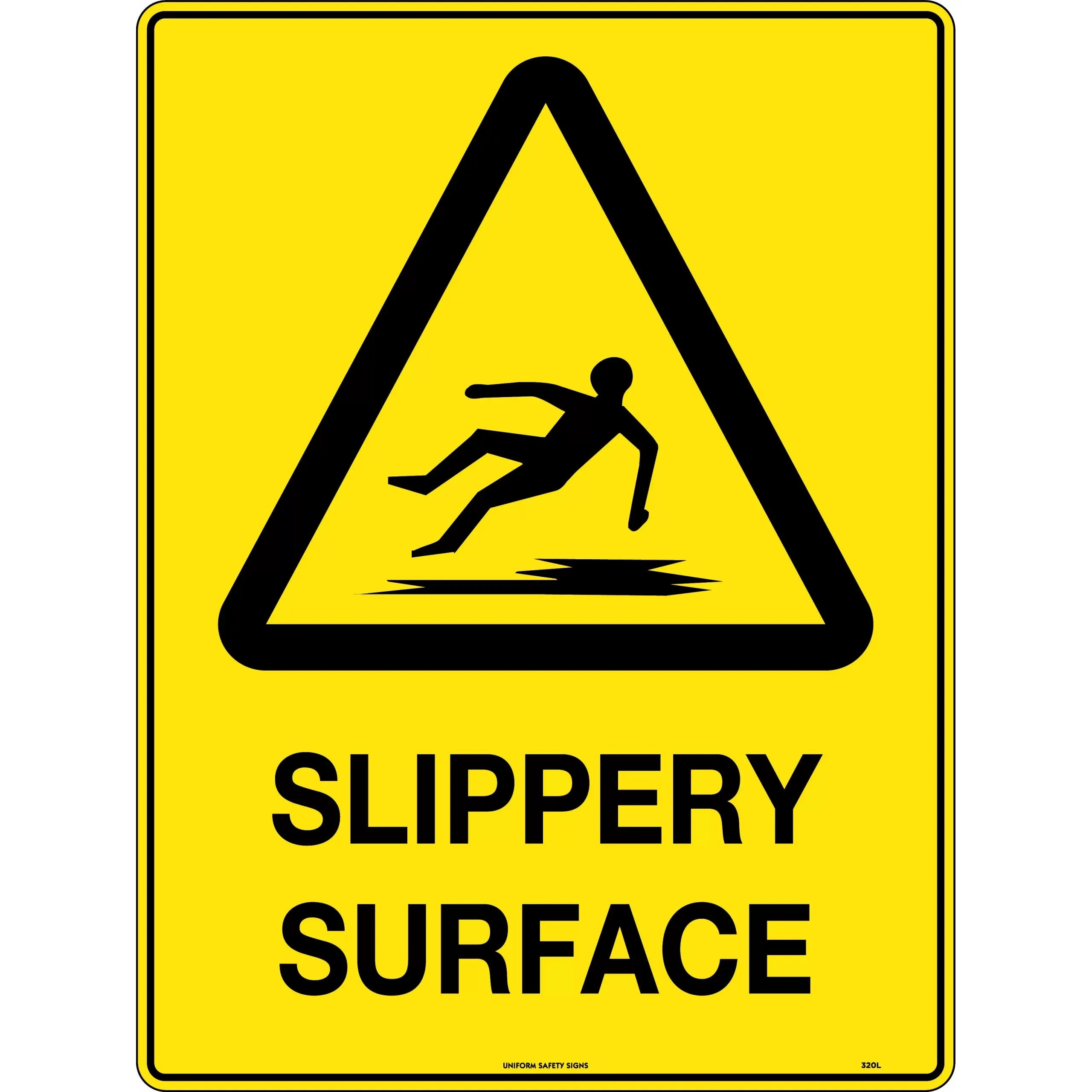 Uniform Safety Signs - 240x180mm - Self Adhesive - Blk/Ylw - Caution Slippery Surface | 320DA