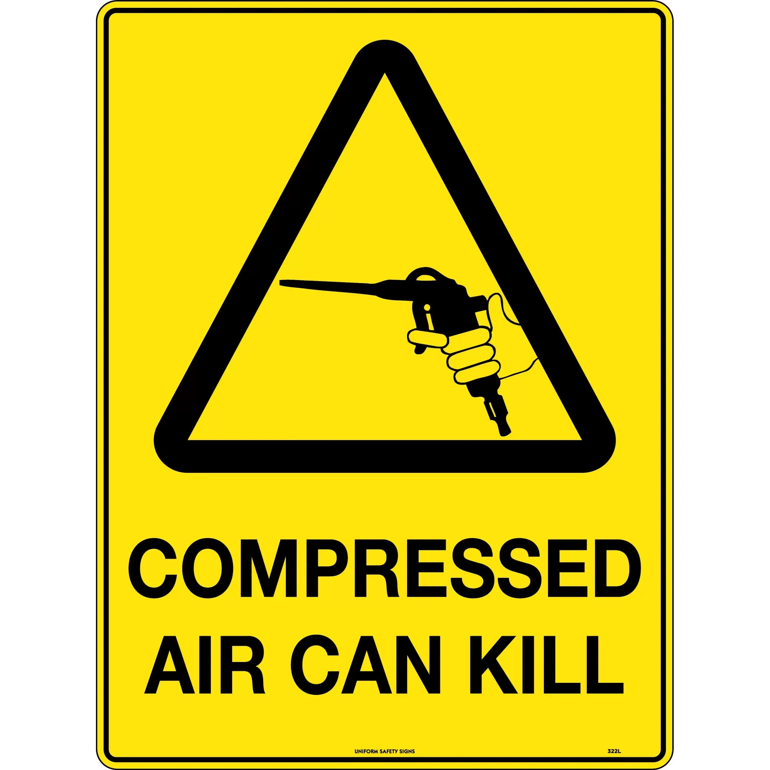 Uniform Safety Signs - 90x55mm - Self Adhesive - Pkt of 10 - Caution Compressed Air Can Kill | 322SSA