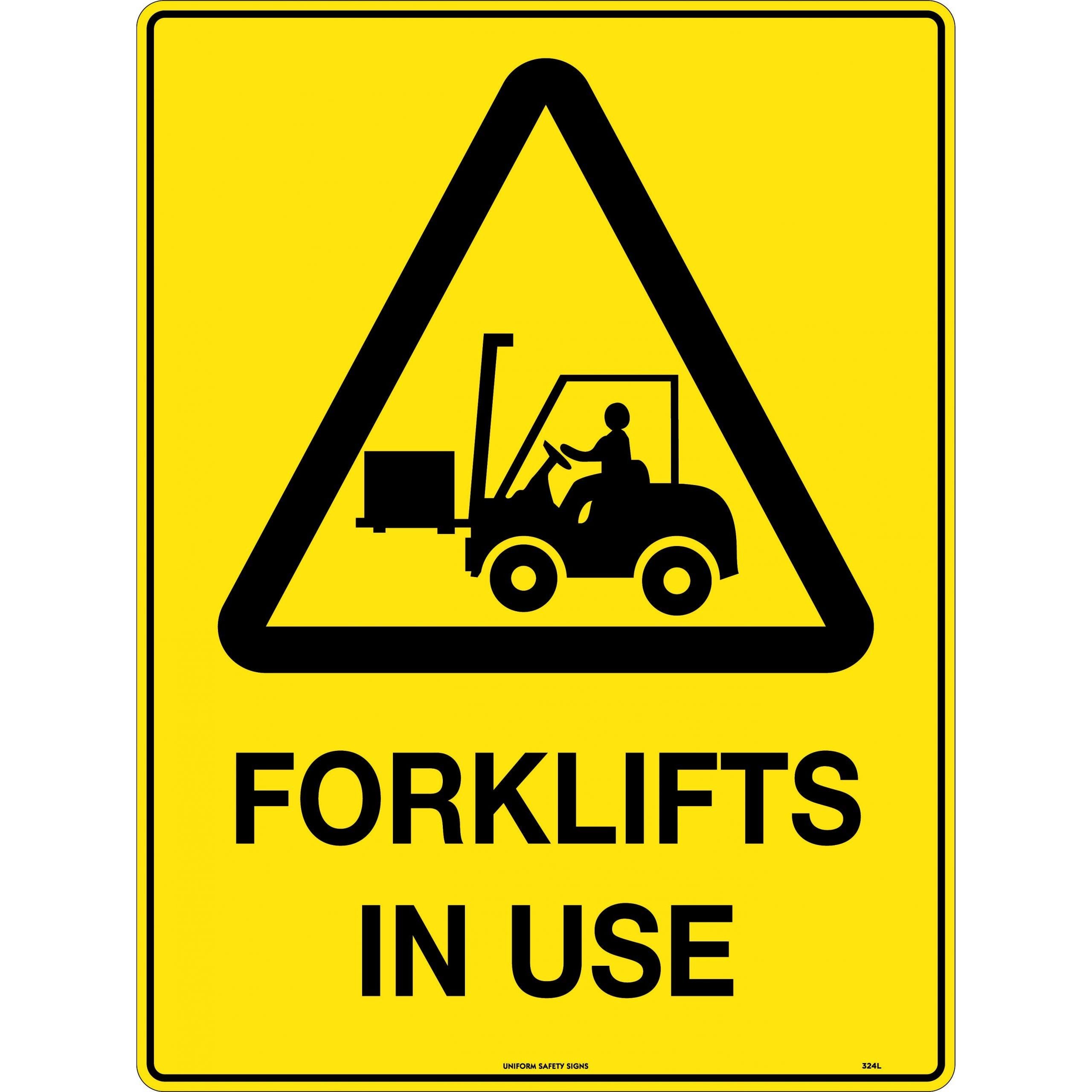Uniform Safety Signs - 300x225mm - Self Adhesive - Caution Forklifts In Use | 324MA