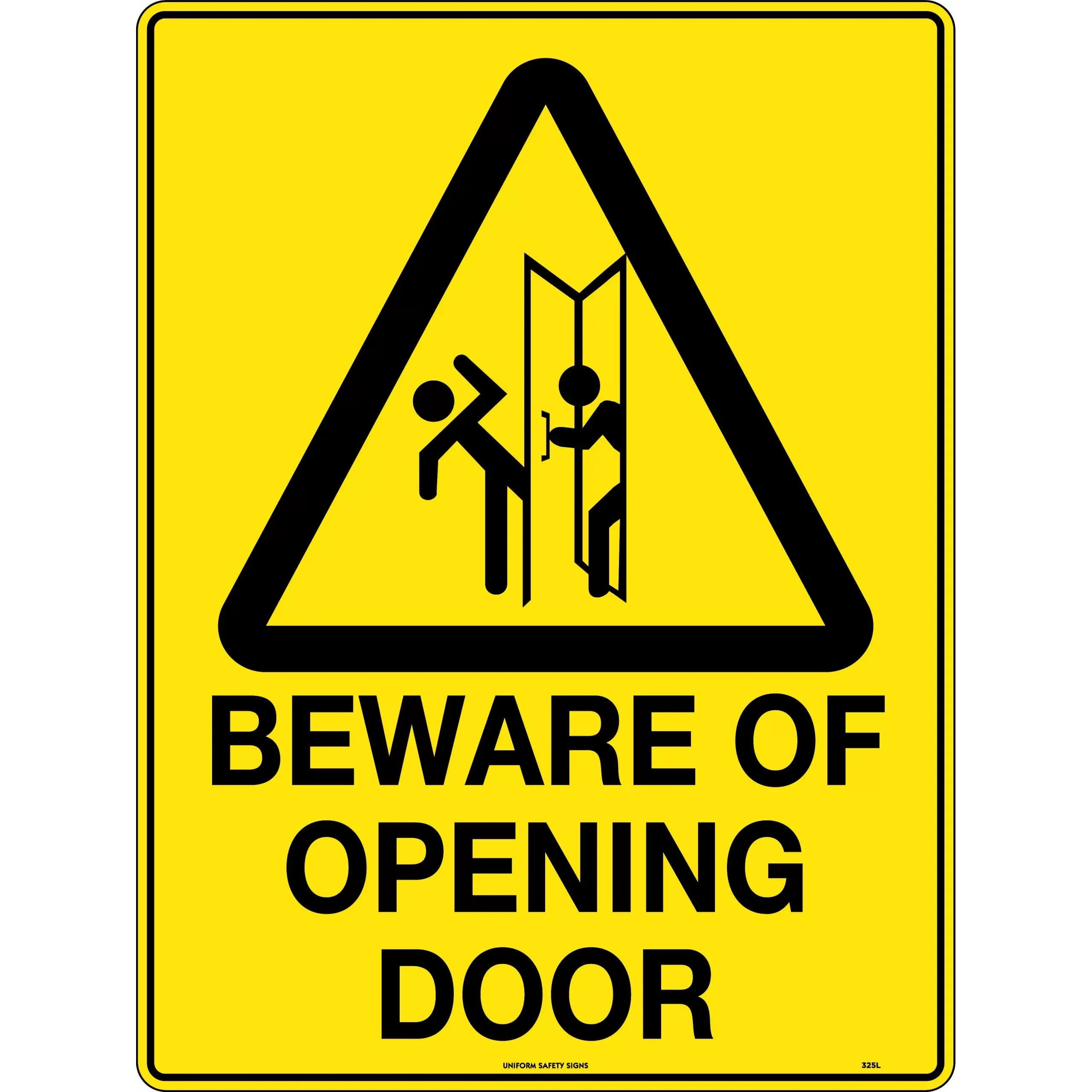 Uniform Safety Signs - 240x180mm - Self Adhesive - Blk/Ylw - Caution Beware of Opening Door | 325DA