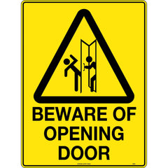 Uniform Safety Signs - 240x180mm - Self Adhesive - Blk/Ylw - Caution Beware of Opening Door | 325DA