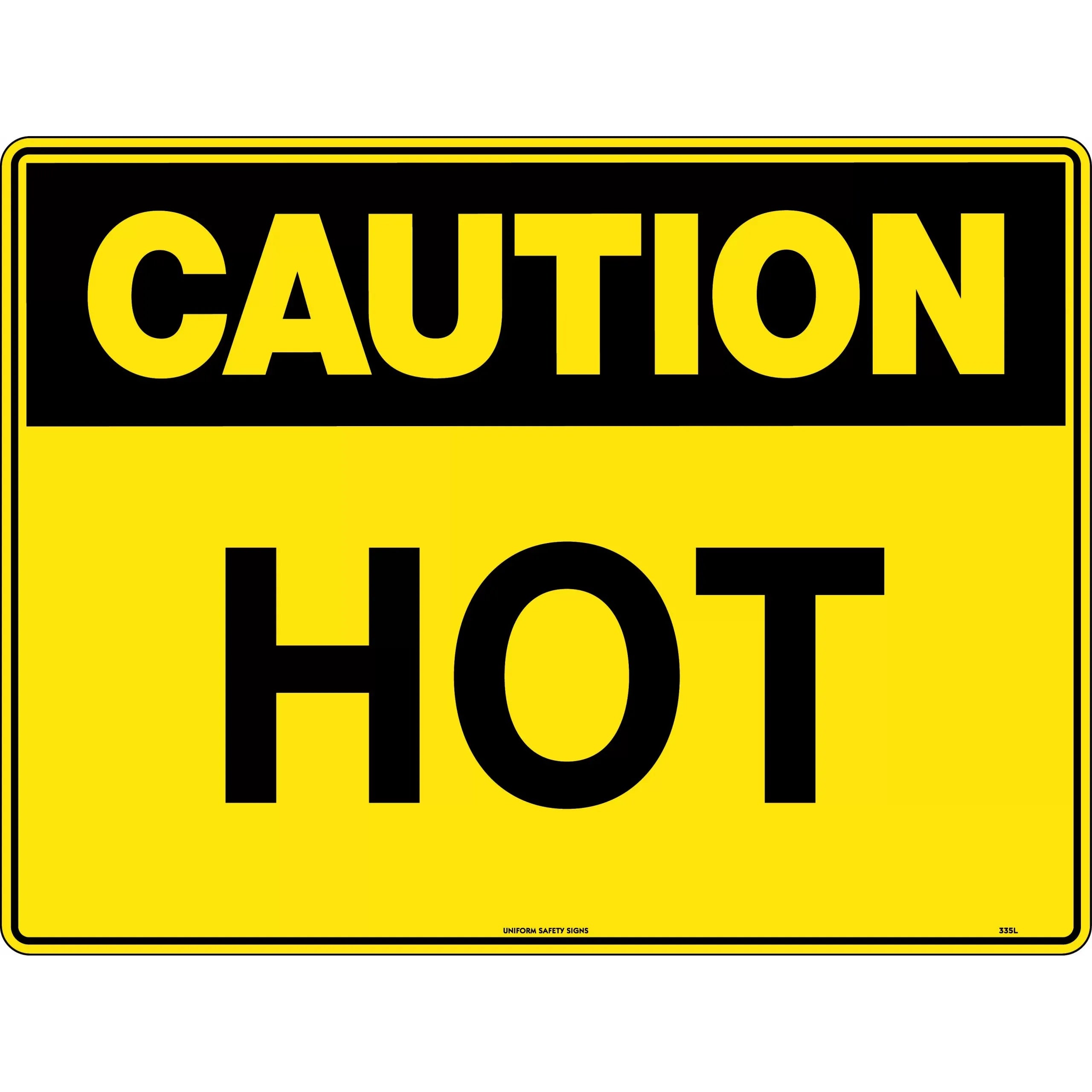 Uniform Safety Signs - 240x180mm - Self Adhesive - Blk/Ylw - Caution Hot | 335DA