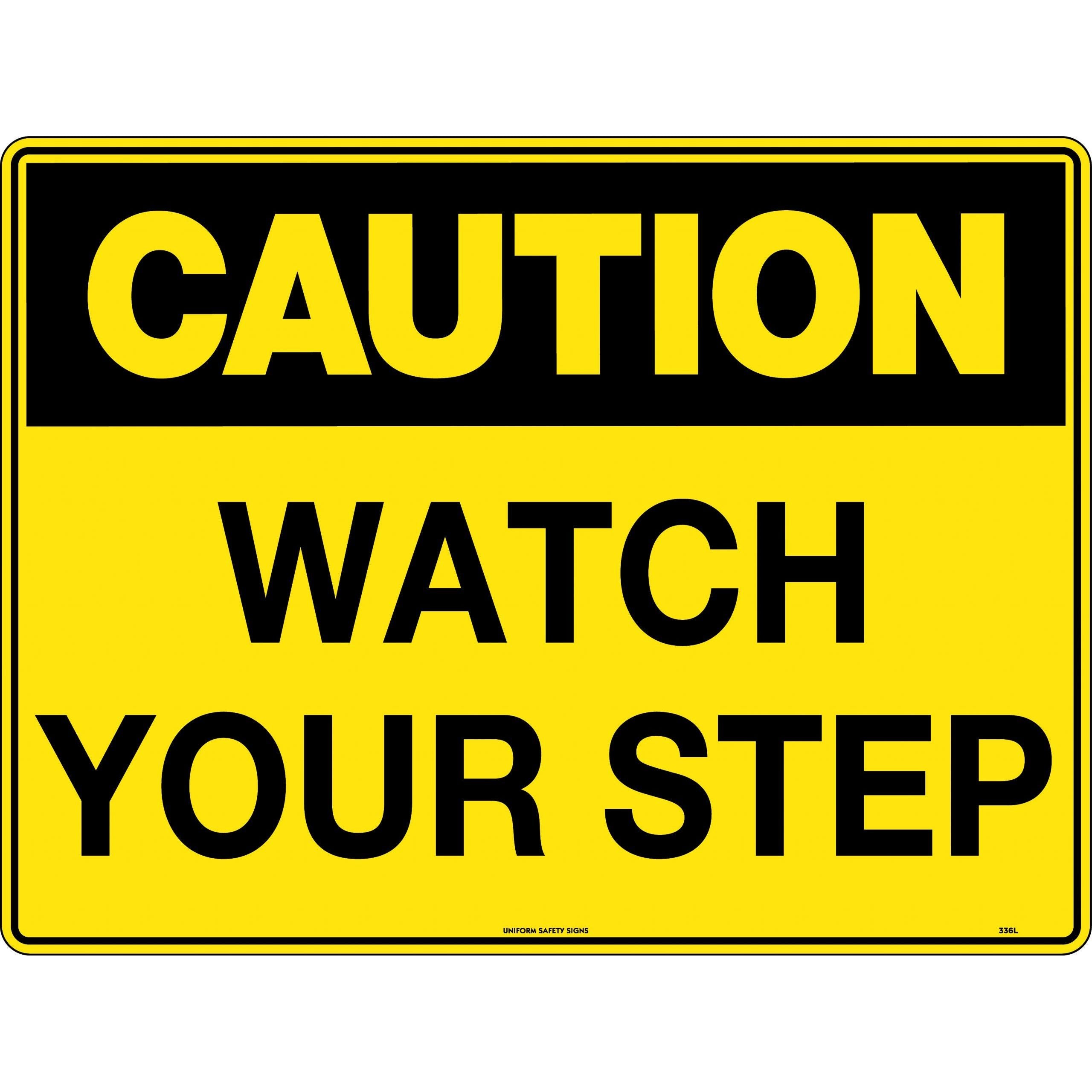 Uniform Safety Signs - 140x120mm - Self Adhesive - Pkt of 4 - Caution Watch Your Step | 336SA
