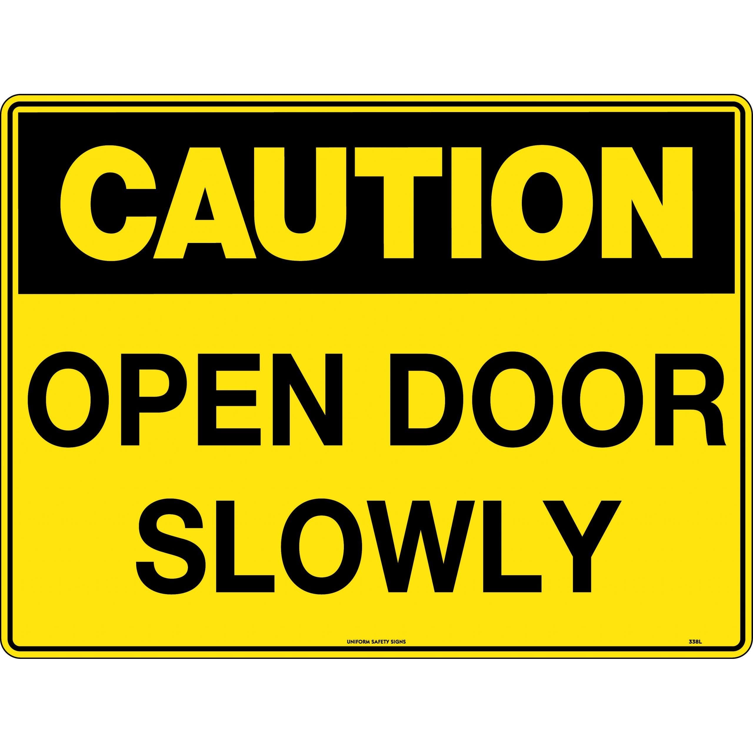 Uniform Safety Signs - 240x180mm - Self Adhesive - Blk/Ylw - Caution Open Door Slowly | 338DA