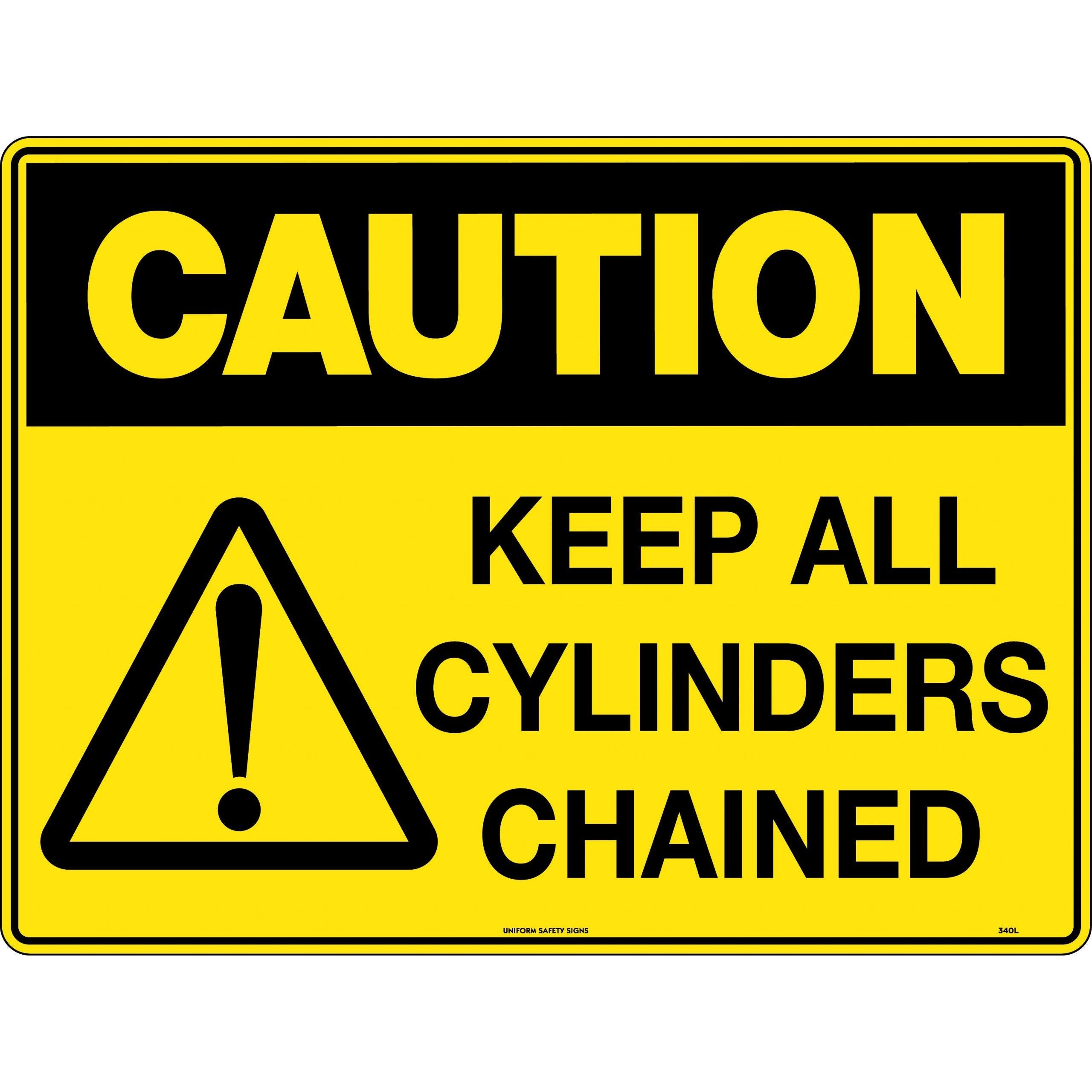 Uniform Safety Signs - 240x180mm - Self Adhesive - Blk/Ylw - Caution Keep All Cylinders Chained | 340DA