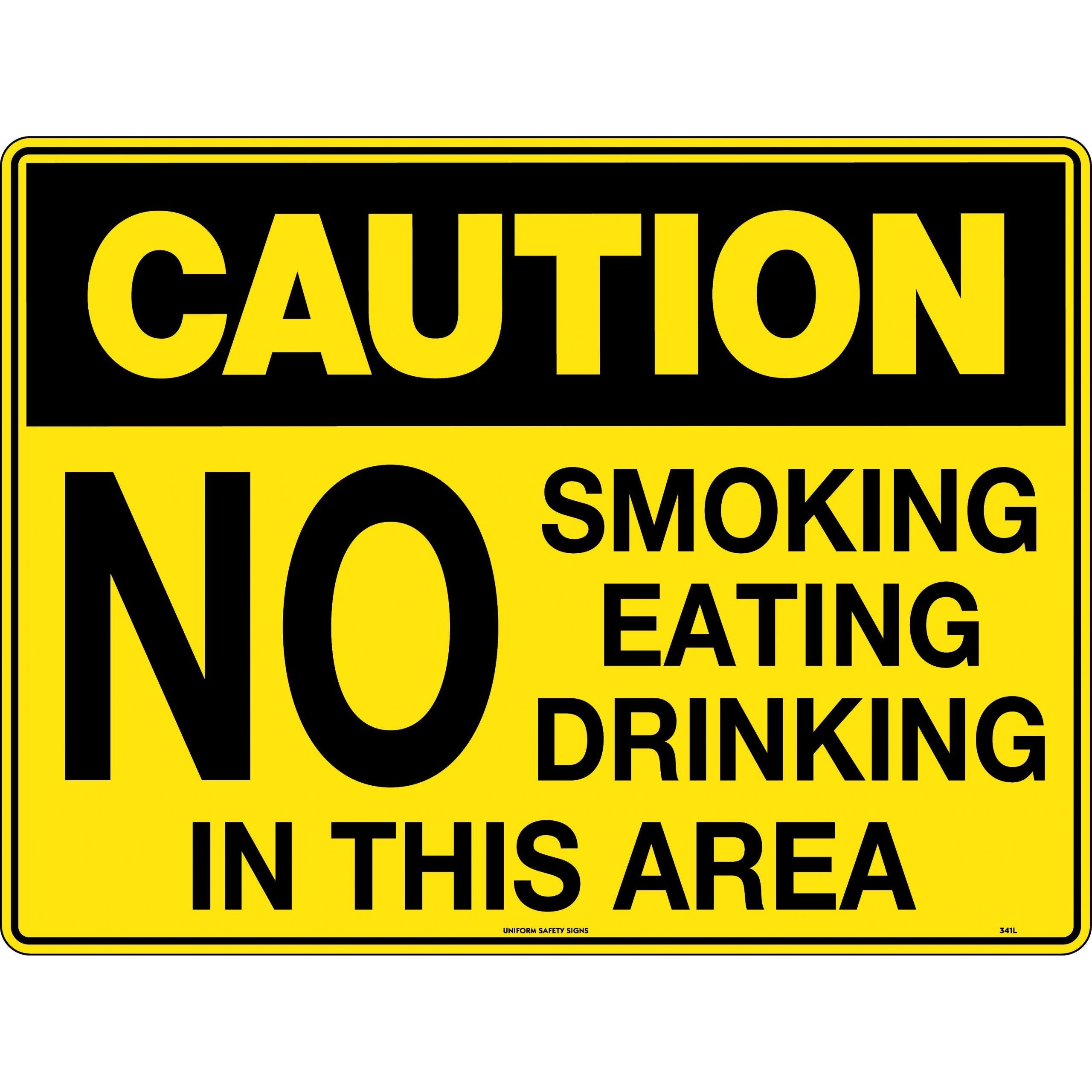 Uniform Safety Signs - 240x180mm - Self Adhesive - Blk/Ylw - Caution No Smoking, Eating or Drinking in This Area | 341DA