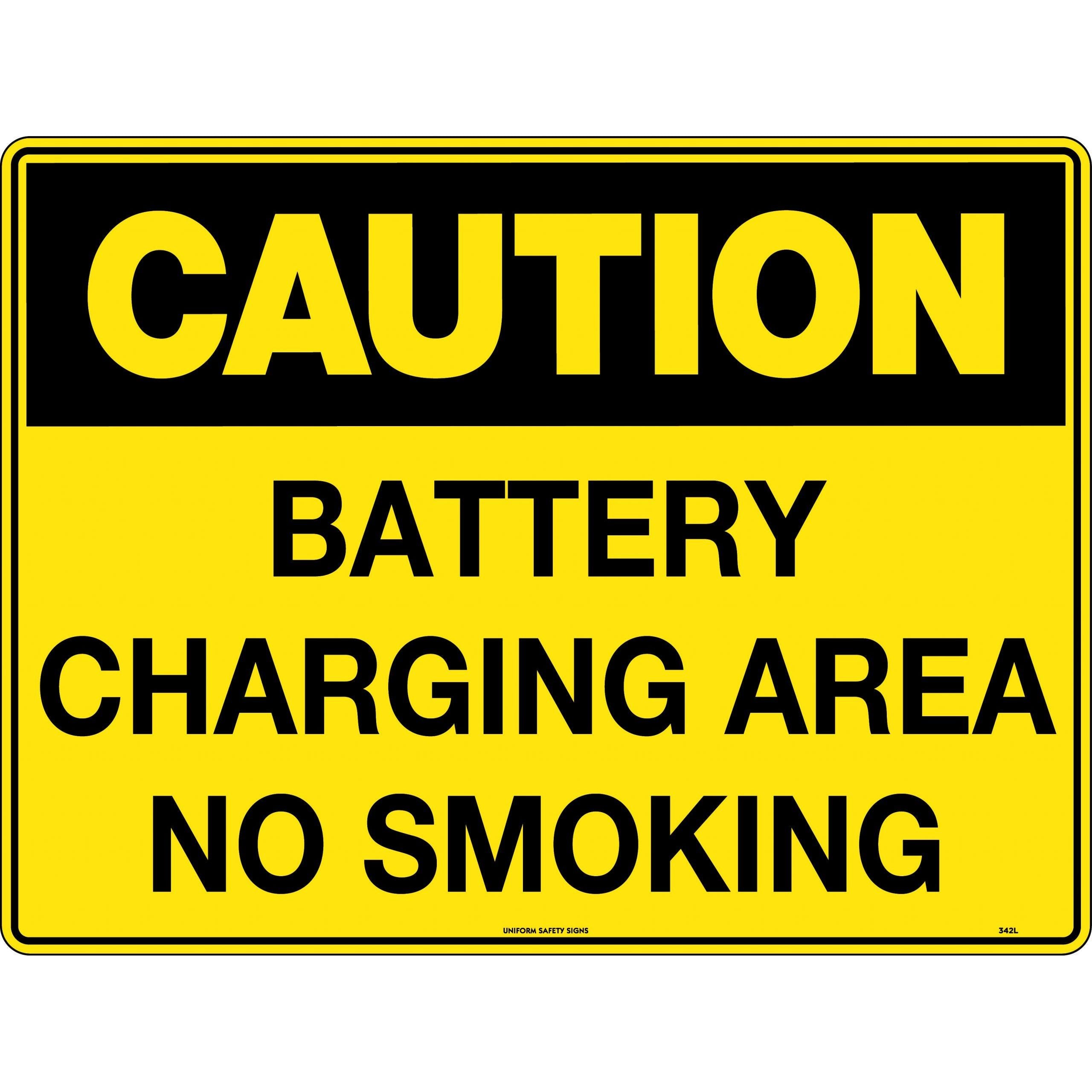 Uniform Safety Signs - 600x400mm - Poly - Caution Battery Charging Area No Smoking | 342LP