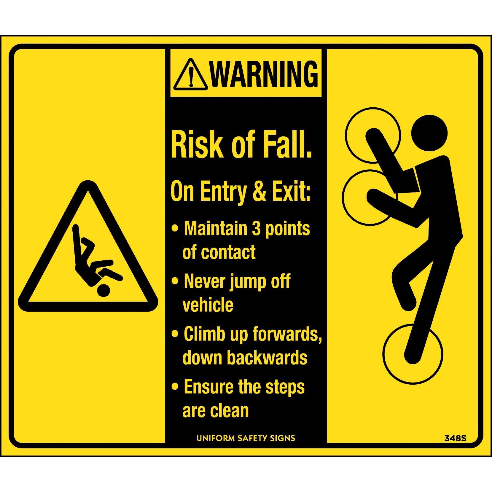 Uniform Safety Signs - 140x120mm - Self Adhesive - Pkt of 4 - Warning Risk Of Fall on Exit or Entry Maintain 3 Points of | 348SA