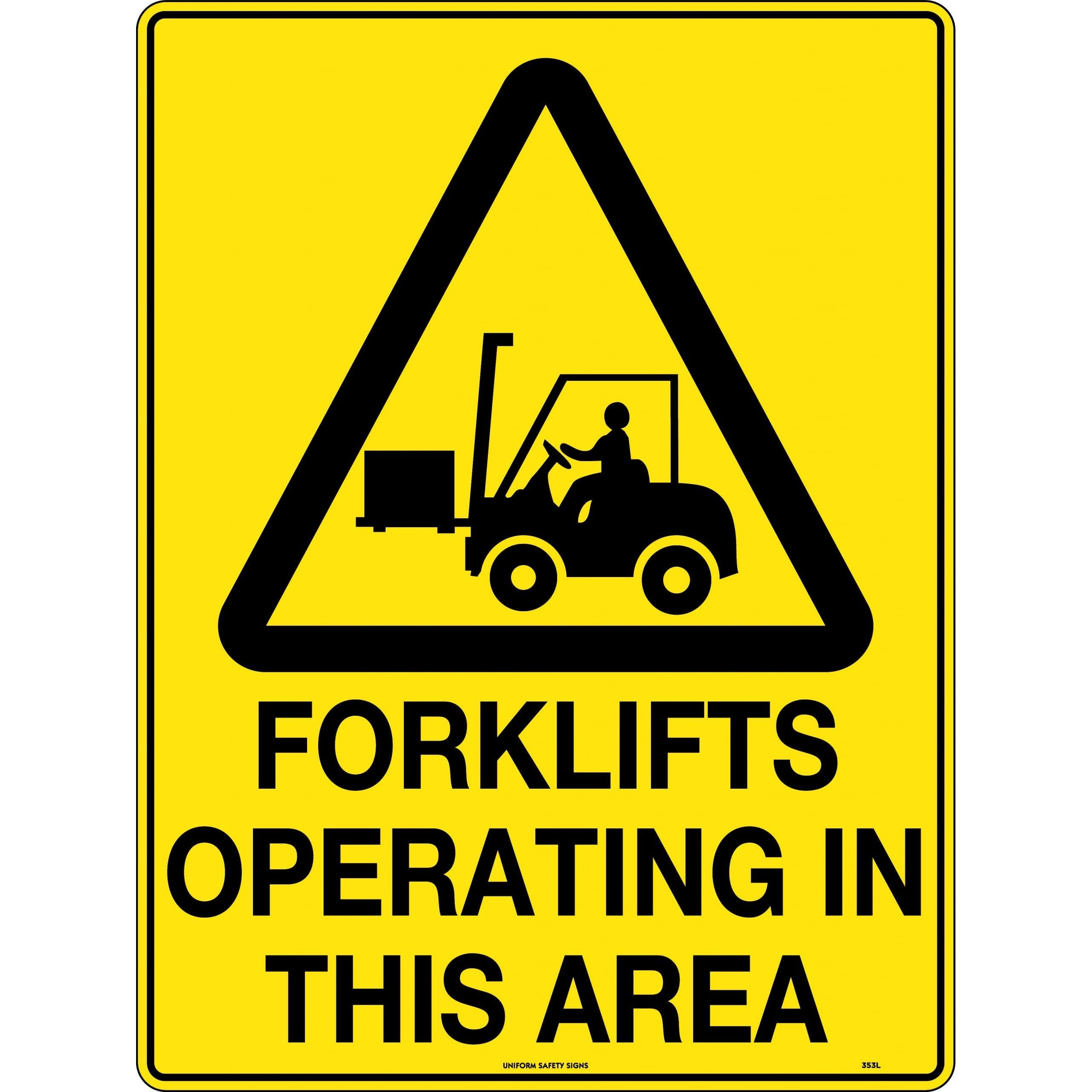 Uniform Safety Signs - 300x225mm - Self Adhesive - Forklifts Operating in This Area | 353MA