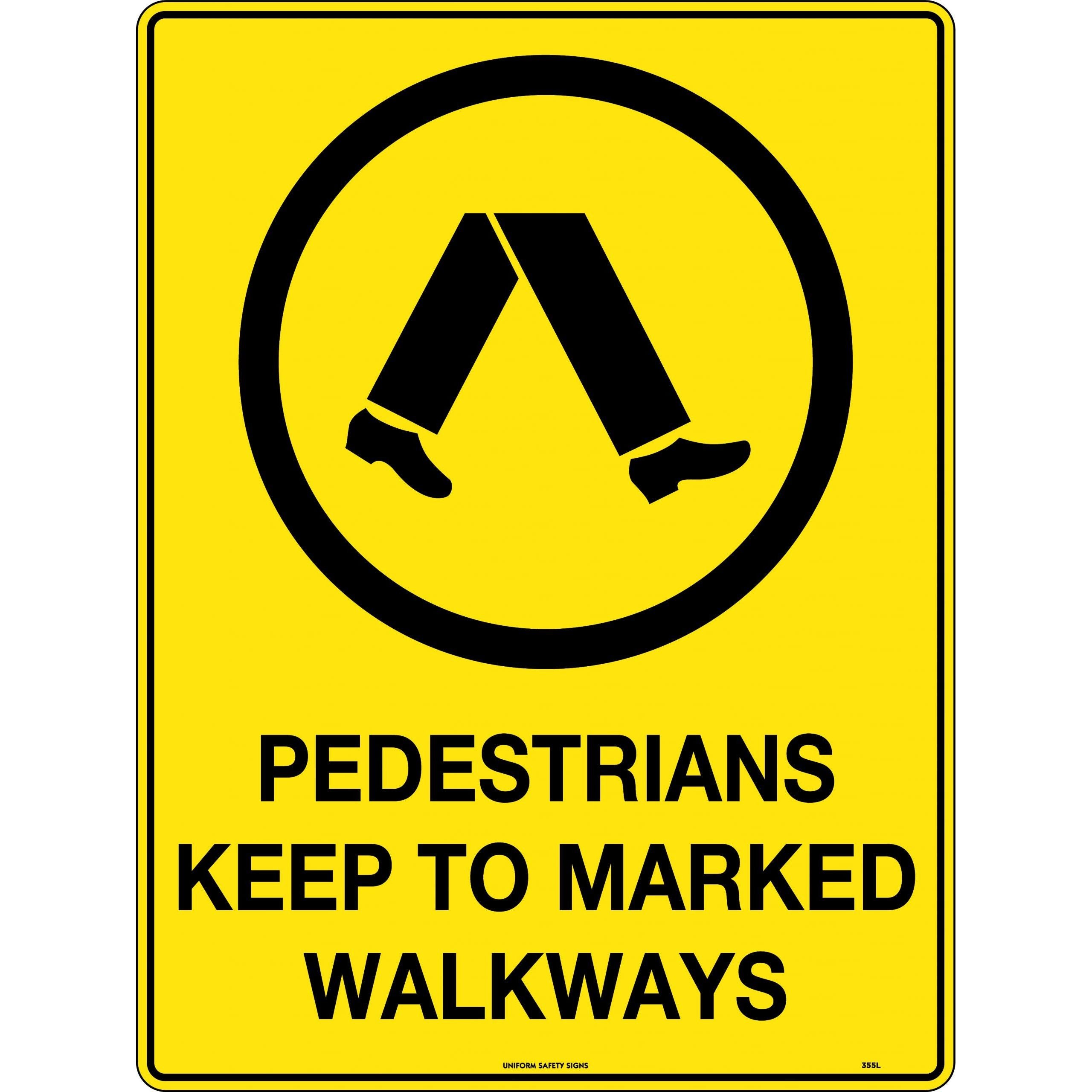 Uniform Safety Signs - 600x400mm - Metal - Pedestrians Keep To Marked Walkways | 355LM