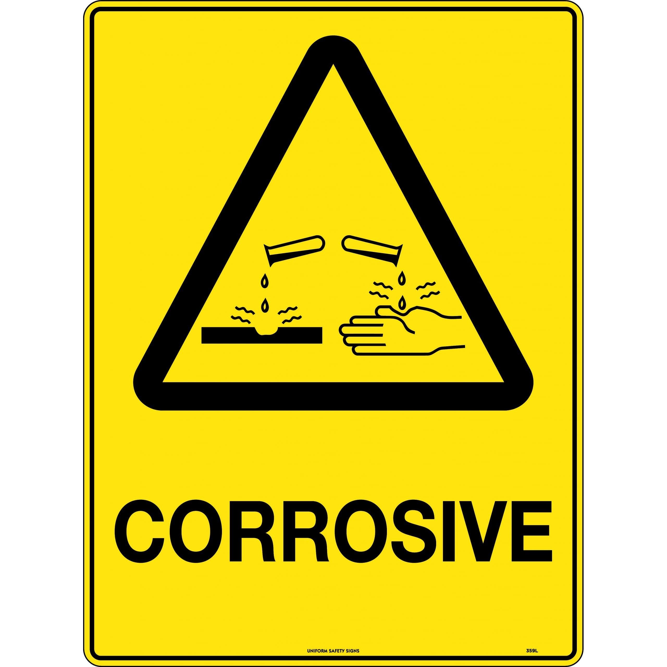 Uniform Safety Signs - 240x180mm - Self Adhesive - Blk/Ylw - Corrosive | 359DA