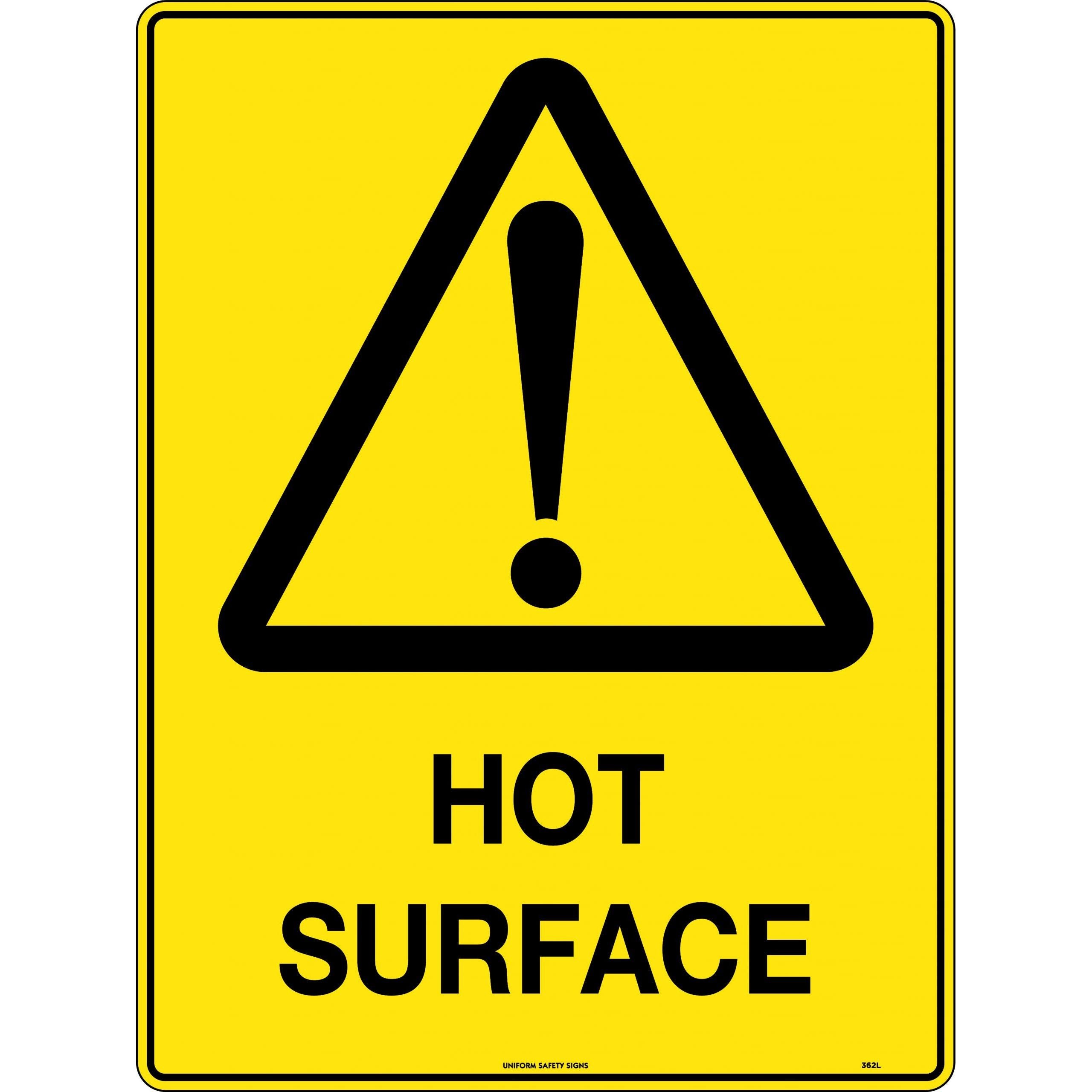 Uniform Safety Signs - 240x180mm - Self Adhesive - Blk/Ylw - Hot Surface | 362DA