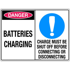 Uniform Safety Signs - 600x400mm - Metal - Multi Sign - Batteries Charging/Charge Must Be Shut Off Before Connecting Or Dis | 368LM
