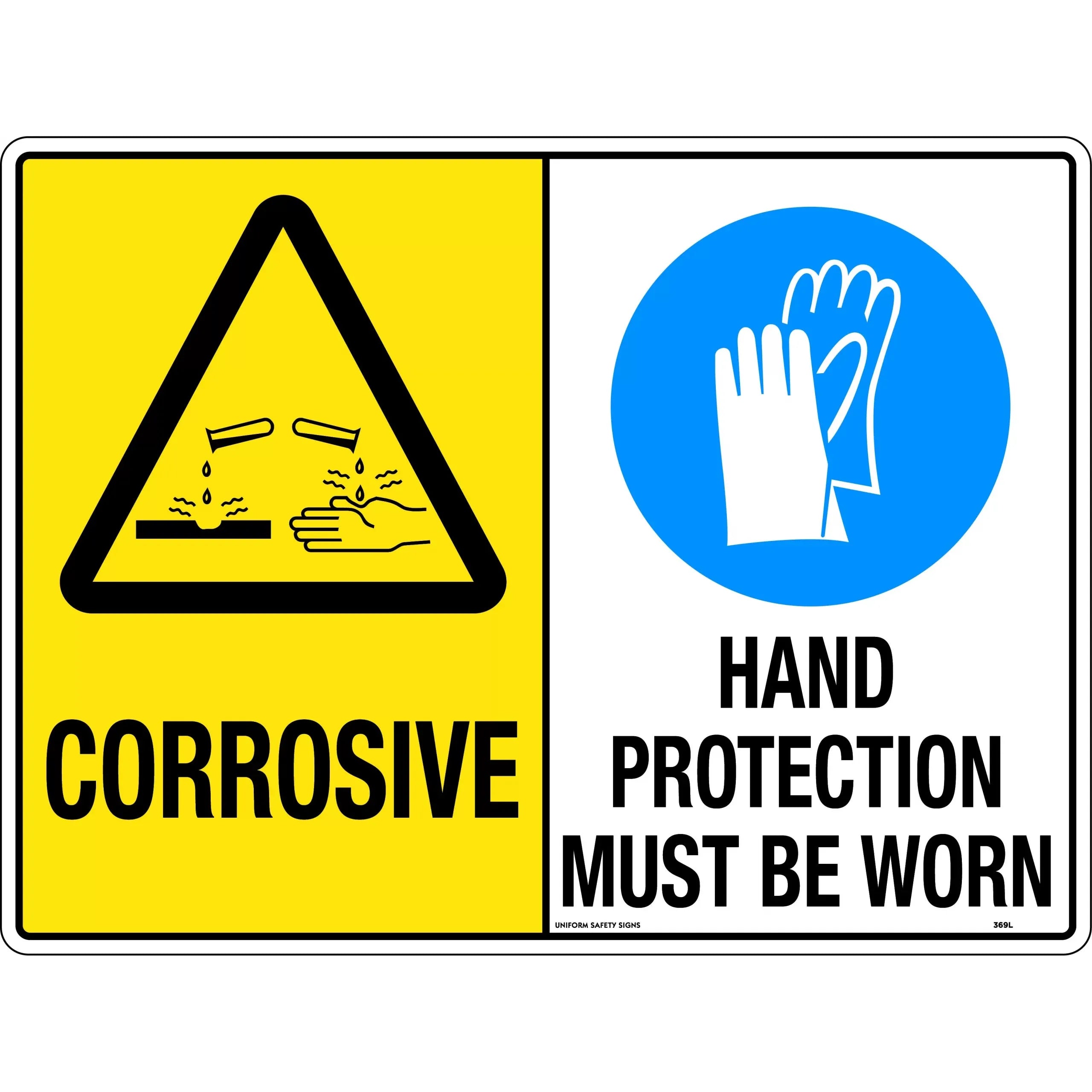 Uniform Safety Signs - 240x180mm - Self Adhesive - Multi Sign - Corrosive / Hand Protection Must Be Worn | 369DA
