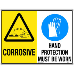 Uniform Safety Signs - 240x180mm - Self Adhesive - Multi Sign - Corrosive / Hand Protection Must Be Worn | 369DA