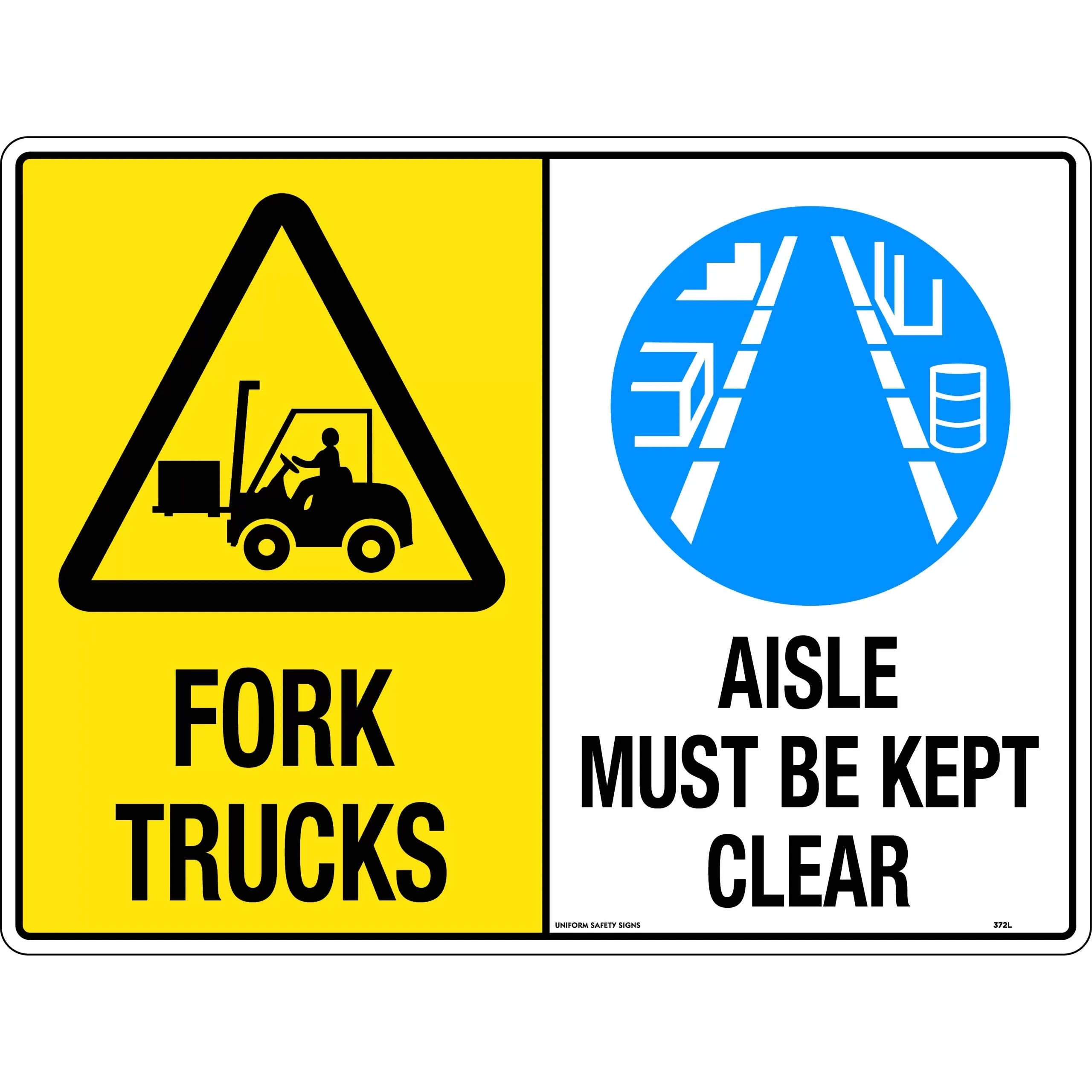 Uniform Safety Signs - 450x300mm - Poly - Multi Sign - Fork Trucks//Aisle Must Be Kept Clear | 372LSP