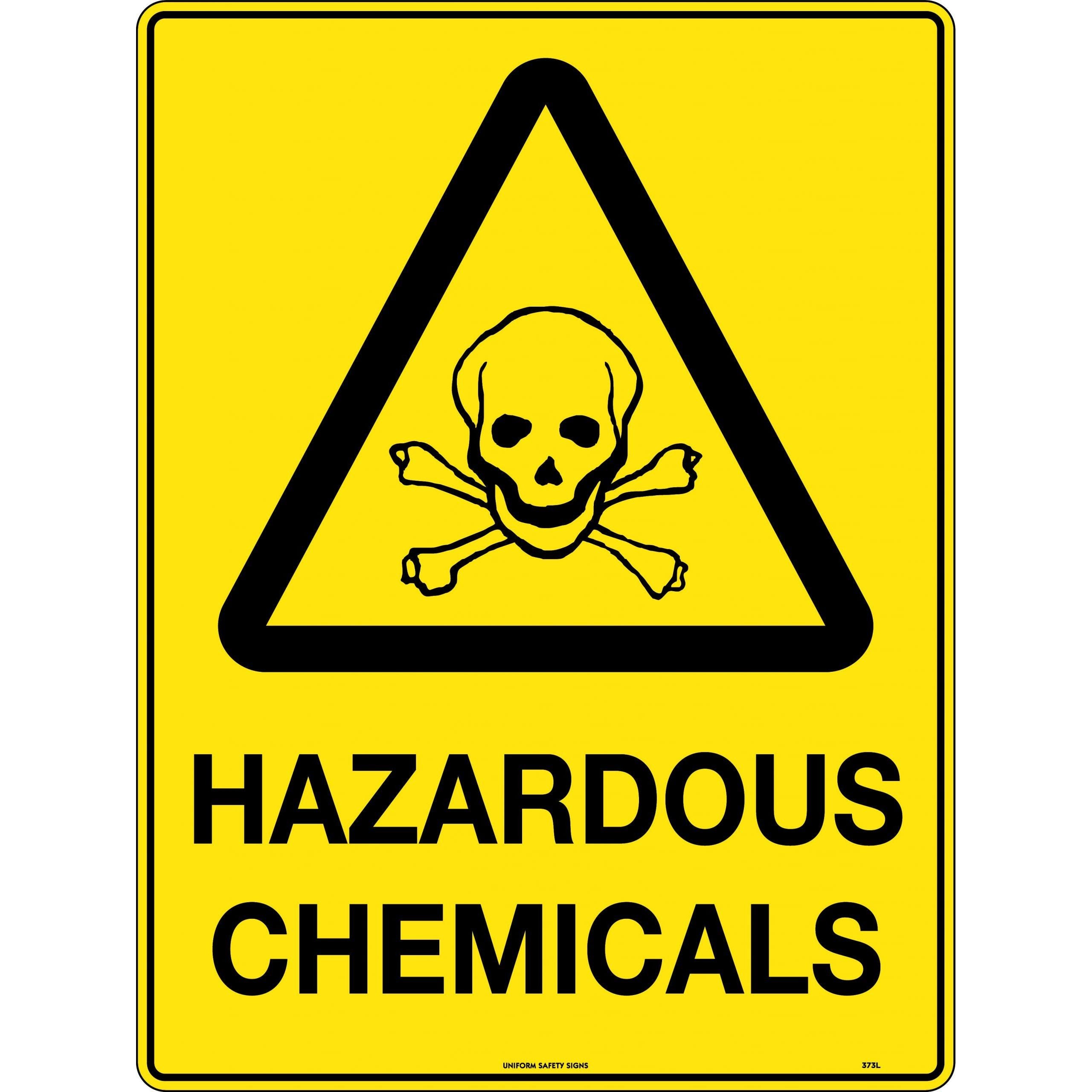 Uniform Safety Signs - 240x180mm - Self Adhesive - Blk/Ylw - Caution Hazardous Chemicals | 373DA