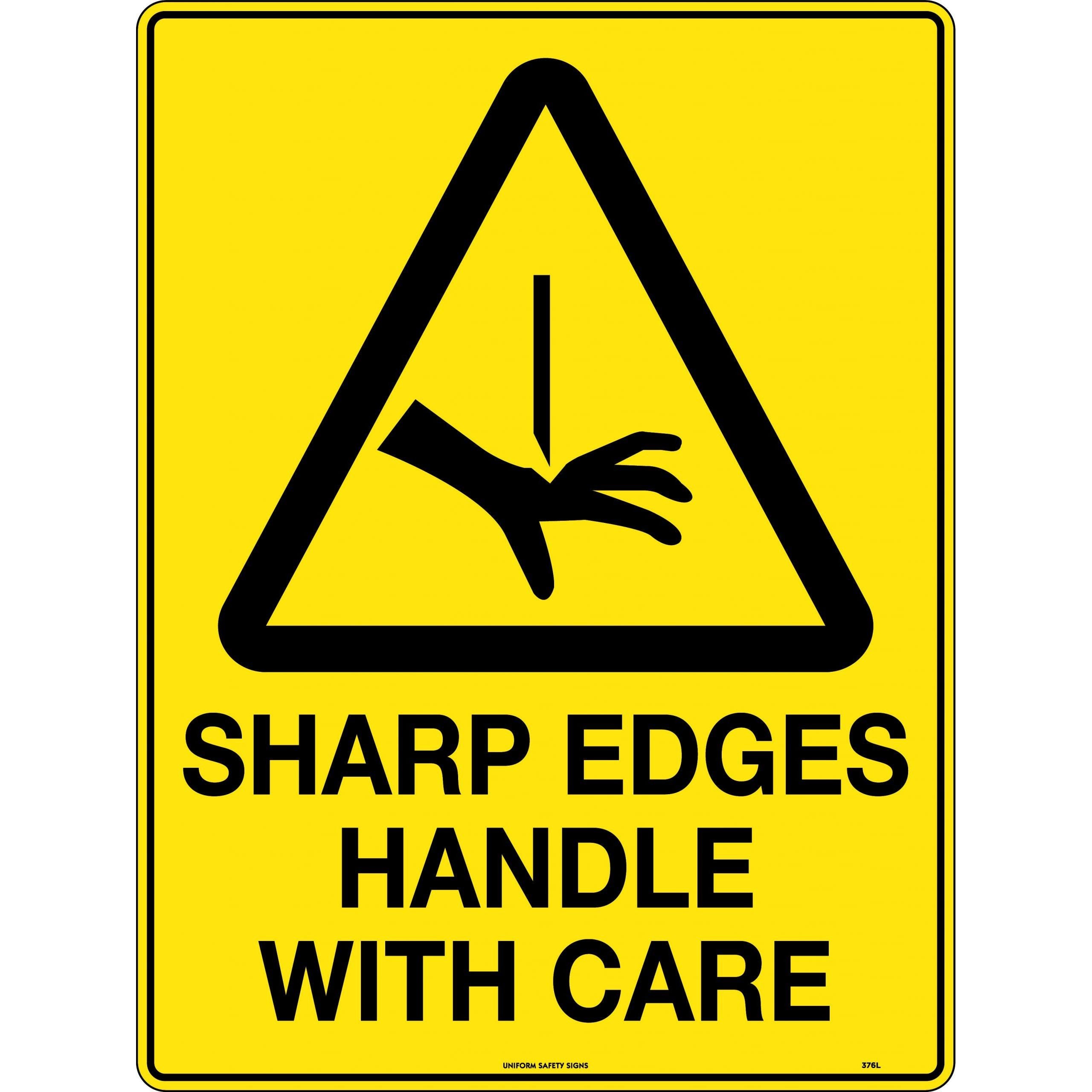 Uniform Safety Signs - 240x180mm - Self Adhesive - Blk/Ylw - Caution Sharp Edges Handle with Care | 376DA
